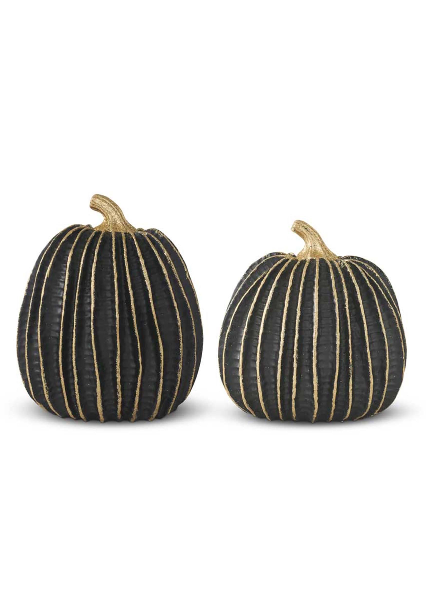 6" Set of 2 Black and Gold Stripe Pumpkin Decoration