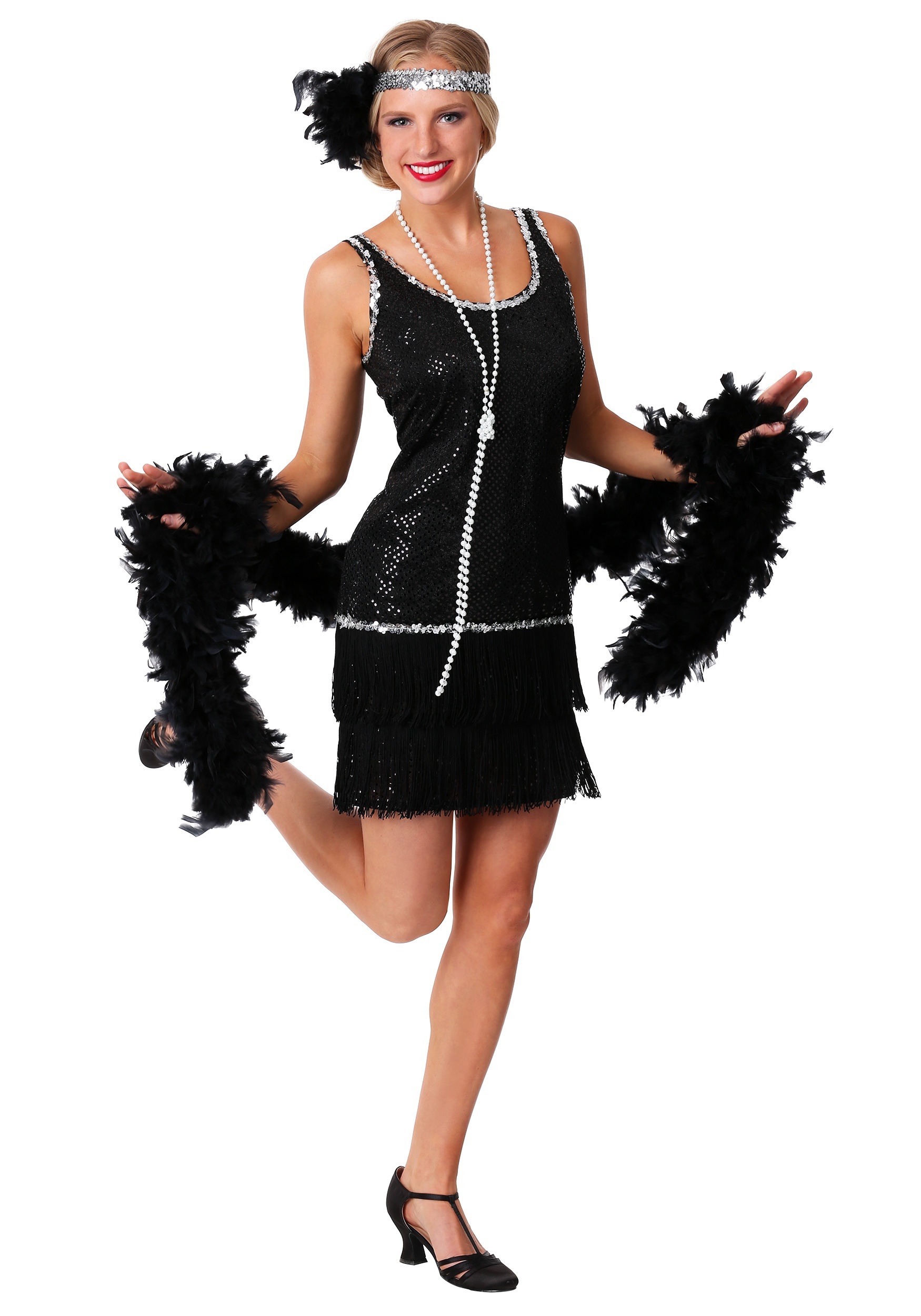 Black Sequin & Fringe Plus Size Flapper Costume for Women
