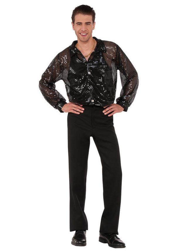 Men's Black Sequin Disco Shirt