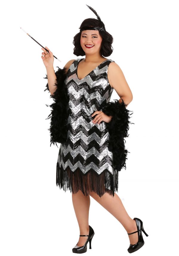 Women's Plus Size Silver and Black Fringe Flapper Dress