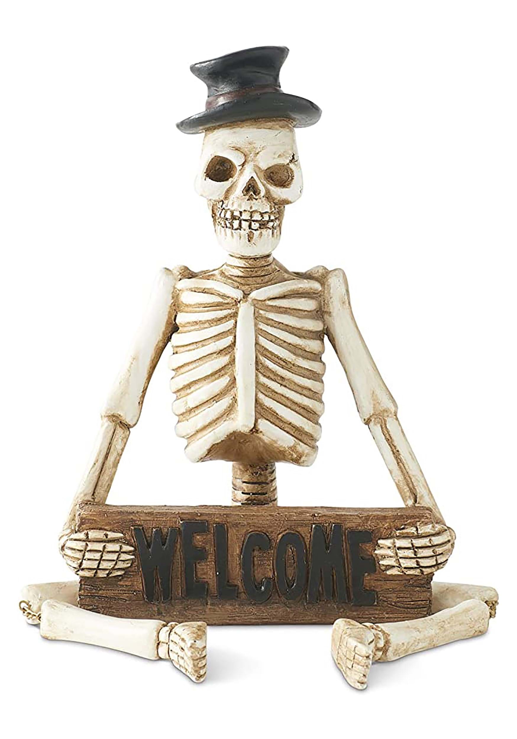 17" Resin Skeleton Man Shelf Sitter with Welcome Sign Prop
