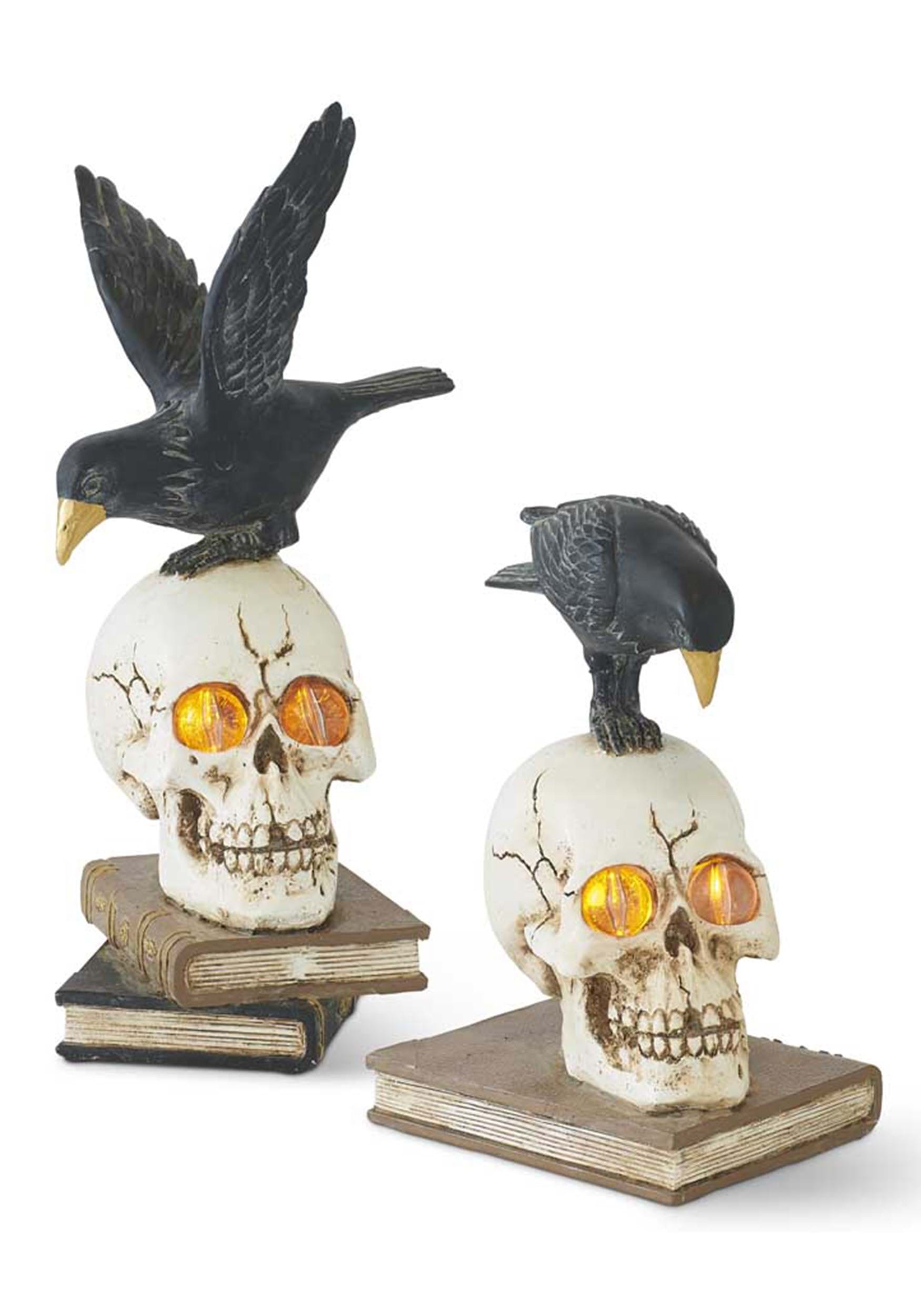 Set of 2 Resin LED Skull on Books with Crow Figurines Prop