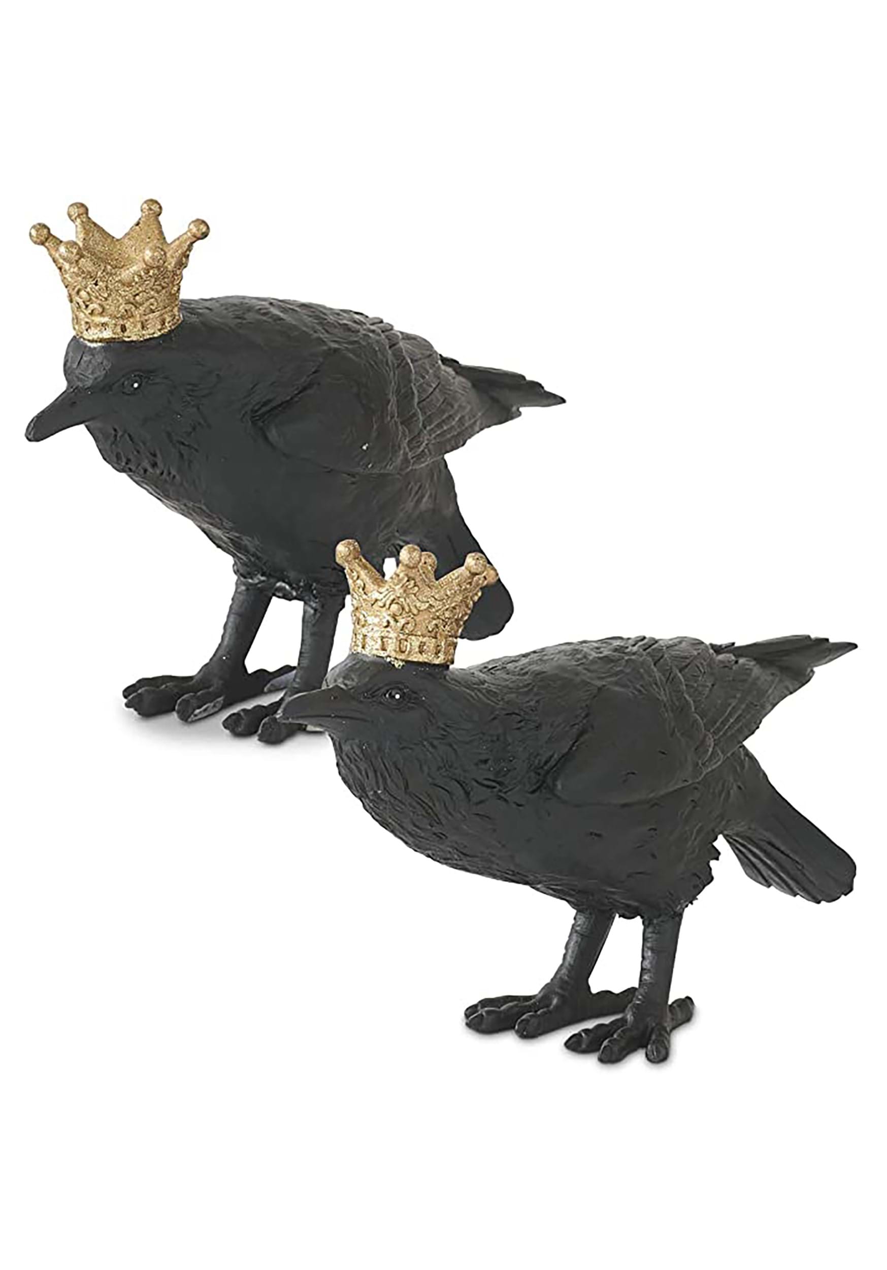 Set of Two Resin Crows with Gold Crowns