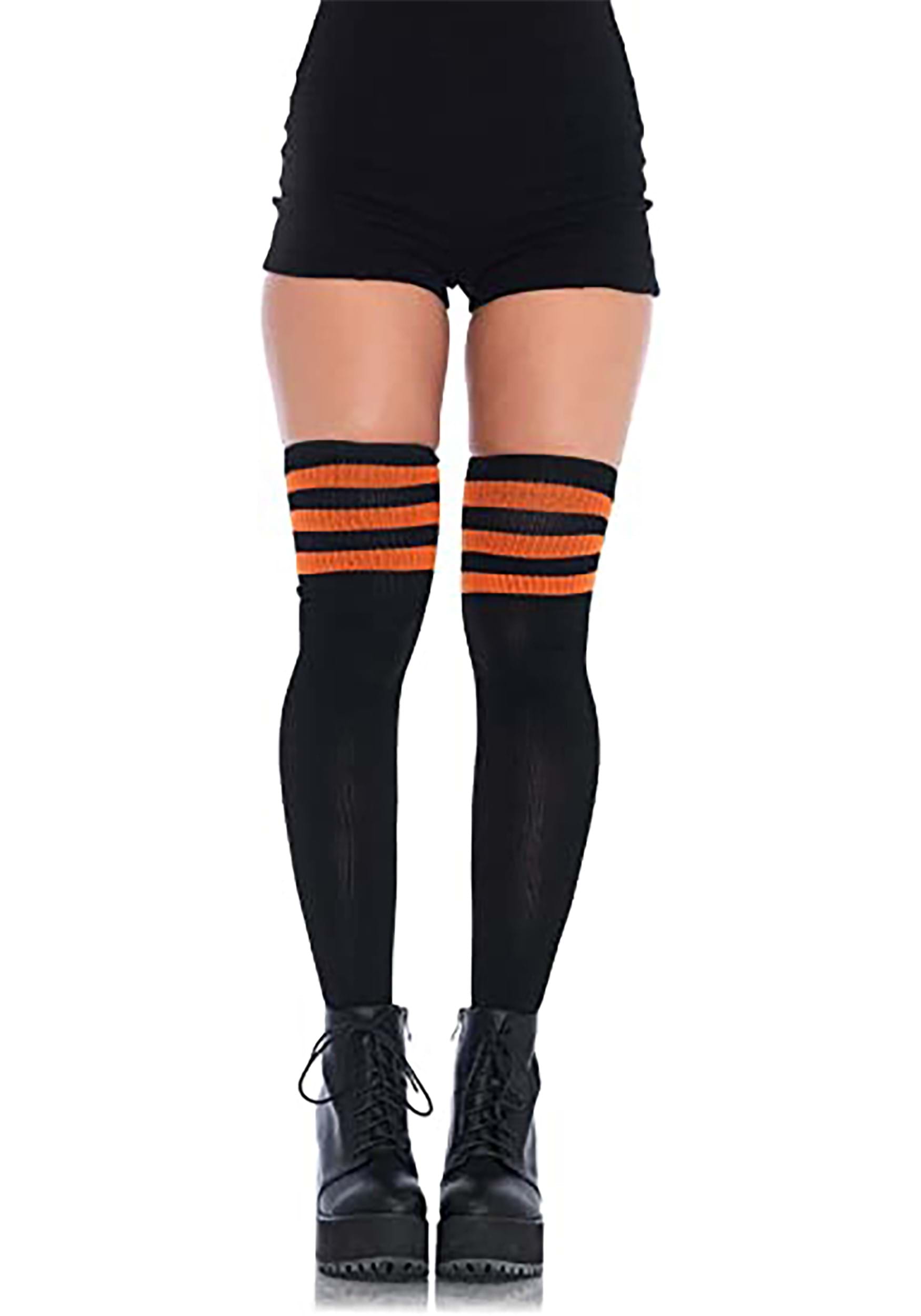 Women’s Thigh High Black Athletic Socks w/ Orange Stripes